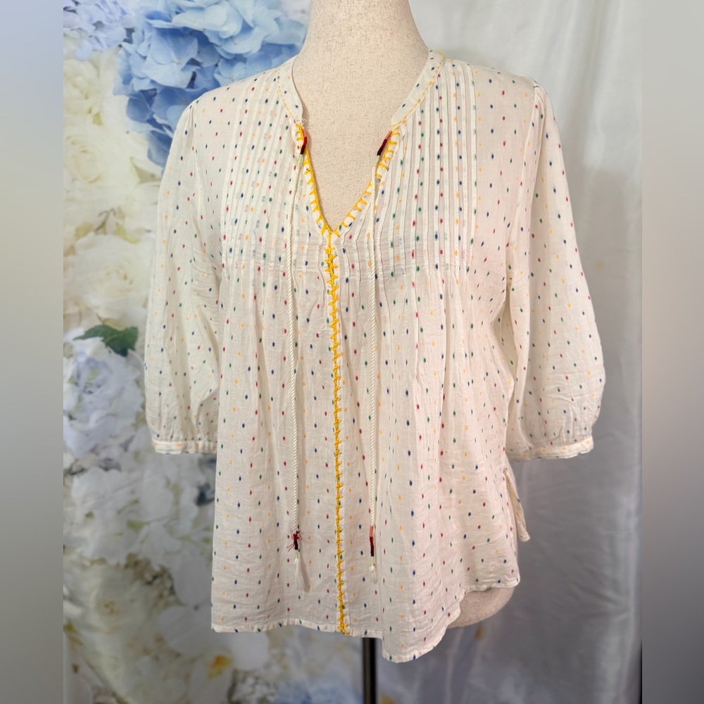 Women’s Cream Embroidered Peasant Blouse with Yellow Trim Embroidered multicolor